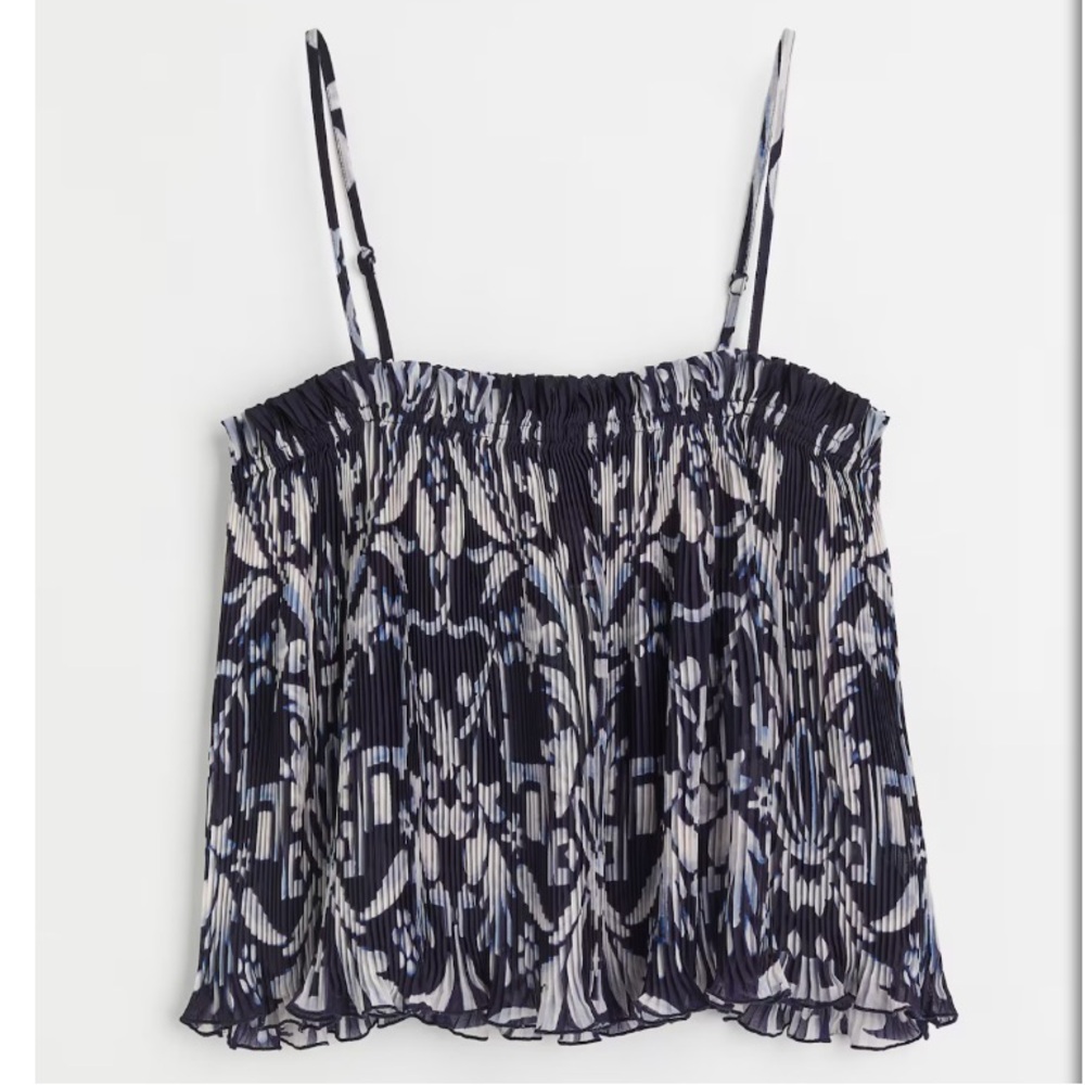 H&M Flowy Chiffon Top Blouse Shirt Airy Pleated Blue White Paisley Size Small